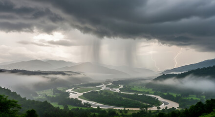 Dramatic mountain valley landscape with heavy rainfall and lightning strikes under stormy dark clouds during monsoon season