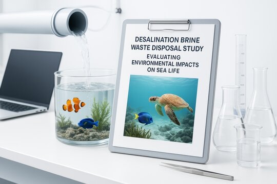 Environmental impact study on desalination brine waste with sea life visuals on clipboard in bright science lab background setting. Ai generative