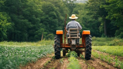 Obraz premium Farmer on Orange Tractor in Farm Field, Back View, Agriculture, Rural Scene, Crops