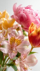 Fototapeta premium Floral Arrangement of Pink Peony, Alstroemeria, Yellow Rose and Red Tulip on White