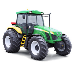 Obraz premium A vibrant green and yellow tractor isolated on a plain white background, ready for agricultural work.