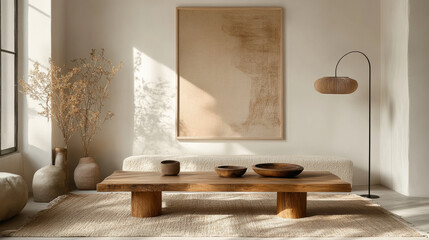 Serene Minimalist Living Room with Natural Elements and Warm Tones