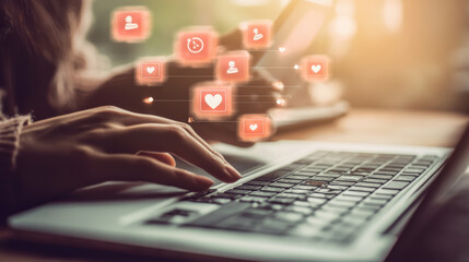 Woman Using Laptop and Smartphone with Social Media Icons Displayed