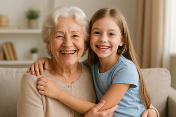 Happy grandmother with smiling granddaughter at home