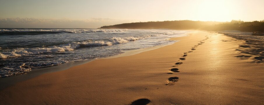Footprints trace the golden beach as waves gently roll during a vibrant sunrise
