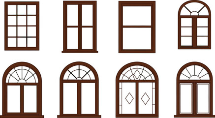 Collection of classic arched and rectangular brown wooden windows, vector window designs for home architecture, construction elements, house facade, building structure and renovation visuals