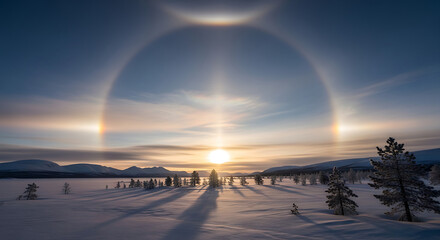 Spectacular Sun Halo Phenomenon Over Snowy Landscape at Sunset