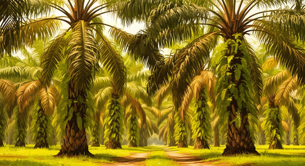 Dense Palm Tree Forest with Winding Path Under Warm Sunlight