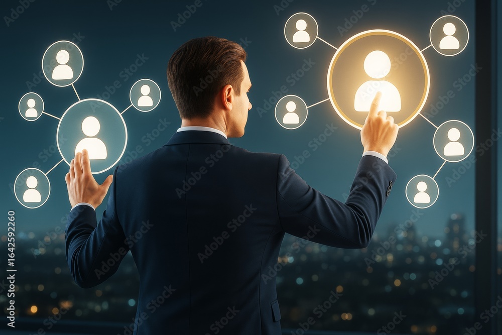 Poster business professional interacting with abstract illuminated user network interface on dark backgroun