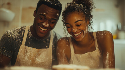 Joyful Couple Baking Together in a Cozy Kitchen Setting
