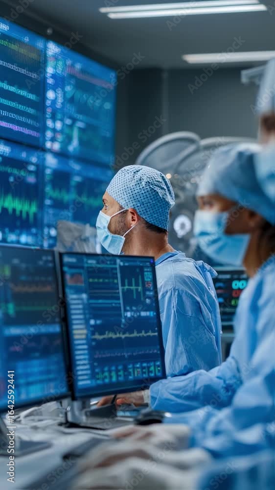 Poster interior view of modern or showing surgeon and nurses working in unison with multiple screens tracki