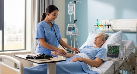 Obraz premium Compassionate Nurse Attending to Patient's Health Within Bright Hospital Environment