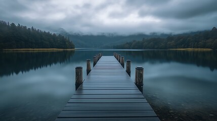 Serene Lake View Under Cloudy Sky Wooden Dock Forested Hill Reflections Mist-Covered Distant Mountains Cool-Toned Lake Calm Melancholic Atmosphere
