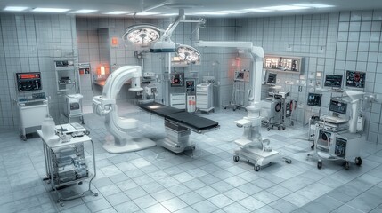 Fototapeta premium Interior of a Tiled Surgical Room with Medical Equipment and Modern Lighting Design