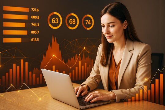 Businesswoman analyzing data on laptop with digital charts and graphs in light orange tones on dark background in modern office concept scene.