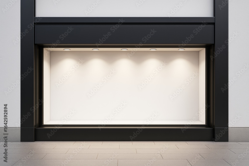 Poster empty store window display with spotlights in black frame for business advertisement or promotion ba