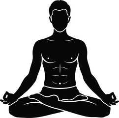 Silhouette of a man in lotus position, practicing meditation and yoga for health, fitness, relaxation, wellness, spiritual balance, peace, and inner harmony