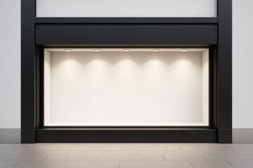 Empty store window display with spotlights in black frame for business advertisement or promotion background template mockup concept design idea.