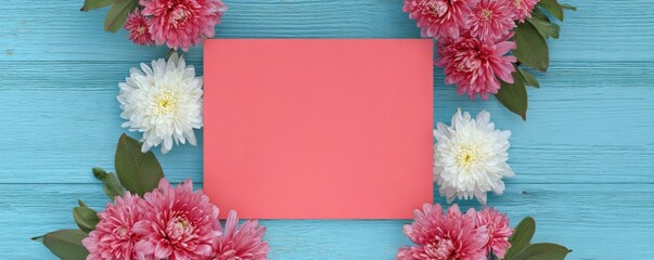 Obraz premium Light Blue Wooden Board with Pink Paper and Floral Decorations Top View