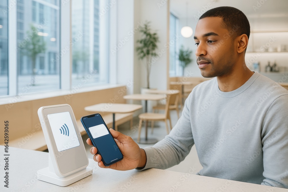 Poster man using smartphone for contactless payment at modern cafe counter, with digital terminal on table 