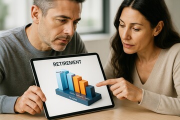 Middle-aged couple analyzing retirement income chart on digital tablet during financial planning discussion in bright business-style setting. Ai generative