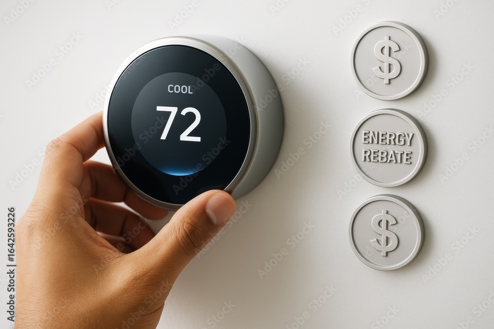 Poster hand adjusting smart thermostat set to 72 degrees with energy rebate symbols on wall, showing saving