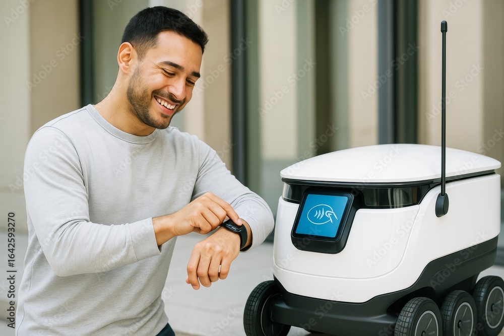 Poster smiling man using smartwatch to interact with delivery robot outdoors on light business background, 