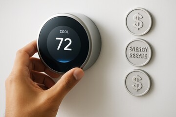Hand adjusting smart thermostat set to 72 degrees with energy rebate symbols on wall, showing savings concept on light background. Ai generative. Ai generative