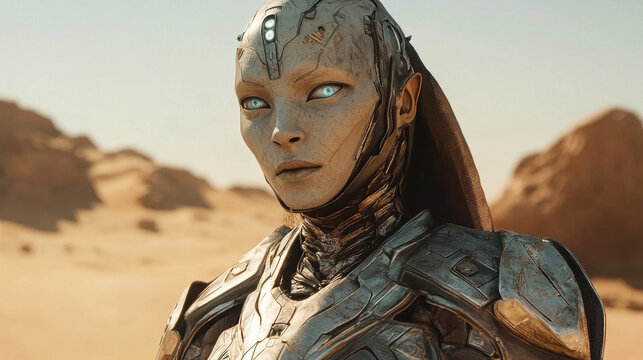 Futuristic Android in Desert Landscape with Sci-Fi Elements