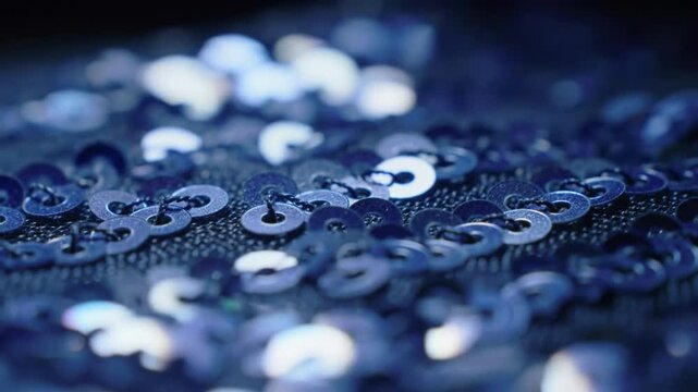 An elegant array of sparkling blue sequins provides a vibrant and detailed textile background with beautiful light reflections.