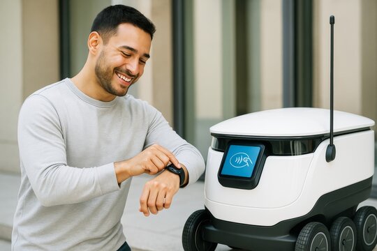 Smiling man using smartwatch to interact with delivery robot outdoors on light business background, showcasing creative modern technology use. Ai generative