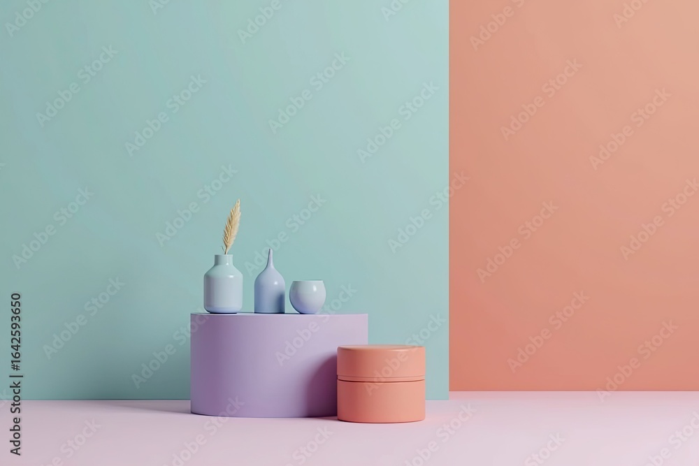 Poster pastel-colored decorative objects on a platform.