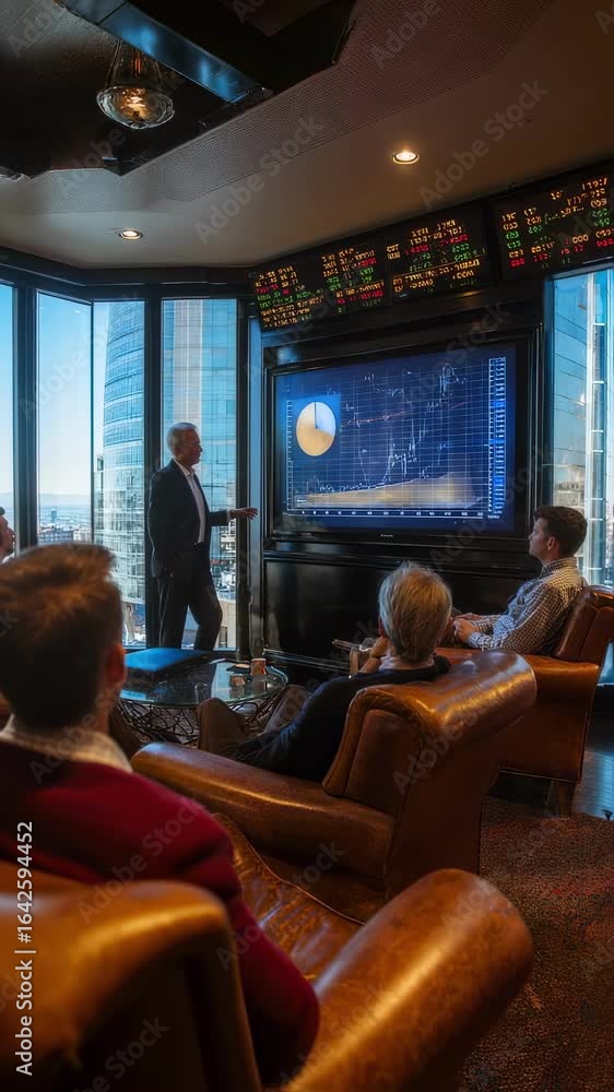 Poster highend financial advisory session showing advisor pointing to piechart slide on sleek screen divers