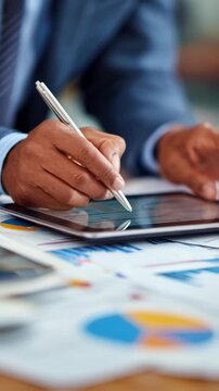 Insurance underwriter using a tablet to evaluate statistical data and underwriting guidelines ensuring accurate decisionmaking on policy approvals.