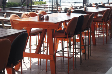 Colorful outdoor dining area in bright sunlight