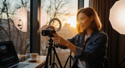 A creative young woman meticulously adjusts her camera on a tripod, preparing for a shoot in a sunlit studio with professional lighting.