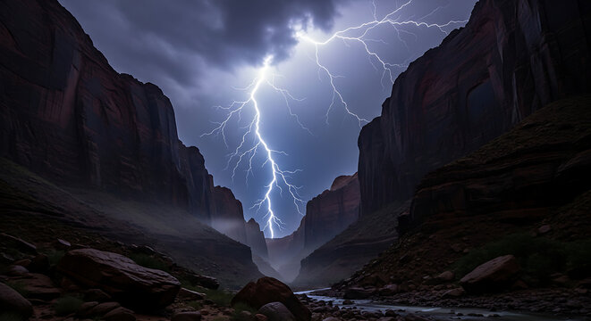 Dramatic lightning strike illuminating a vast canyon during a powerful storm with a river below - Powered by Adobe