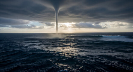 Powerful ocean water spout vortex forming under dramatic stormy sky with sunlight breaking through clouds over turbulent sea