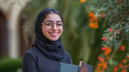 Smiling young muslim woman wearing a hijab and glasses holding books