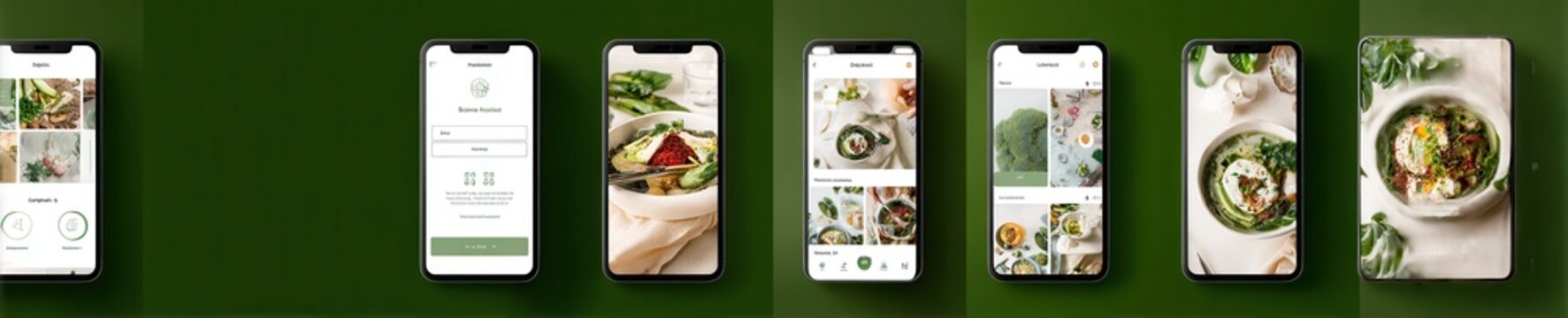 Six smartphone screens feature modern application showcasing plantbased food choices on a green background