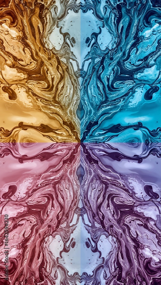 Poster abstract symmetrical design, vibrant colors, fluid patterns, creating a mesmerizing visual effect.