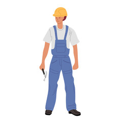 Construction worker holding hand tools in a bright yellow hard hat and blue overalls