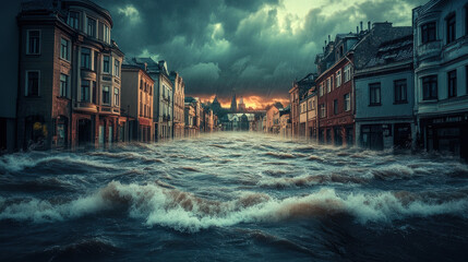 Flooded City Streets Under Dark Stormy Sky at Dusk
