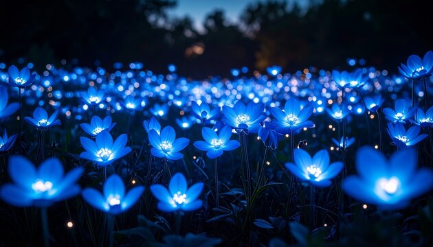 A Mystical Field of Luminous Blue Flowers Glowing in the Twilight