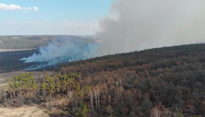 Wildfire smoke over forest landscape