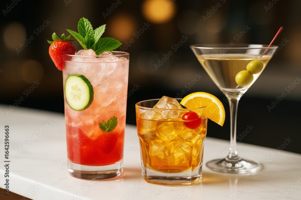 Poster assorted colorful cocktails with garnishes on white bar surface against abstract light bokeh backgro