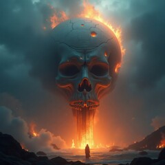 Giant Fiery Skull Overlooking a Scorched Landscape
