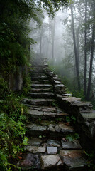 Fototapeta premium Stone Stairway Ascending Lush Green Hill in Fog