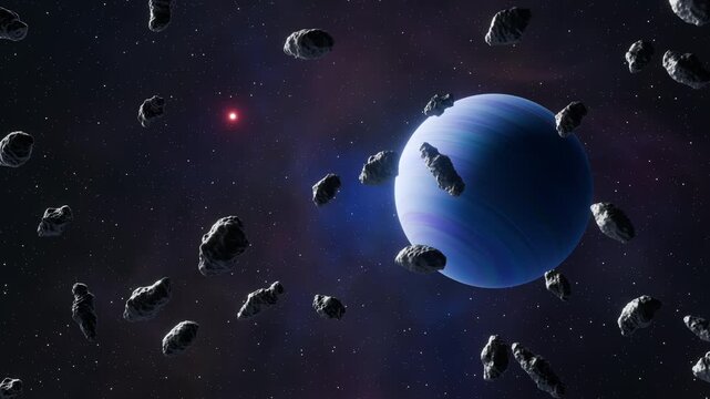 Blue Gas Giant Exo Planet and a field of Asteroids in the foreground CGI 3D Animation