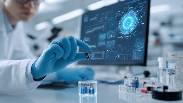 Medical technology development scene with biomedical engineer programming sensor modules in a prototype integrating smart features for nextgeneration health devices.